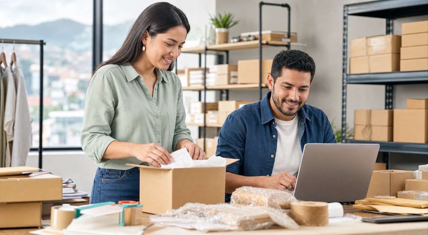 Equipo ecuatoriano preparando pedidos de una tienda WooCommerce mientras revisa documentos fiscales