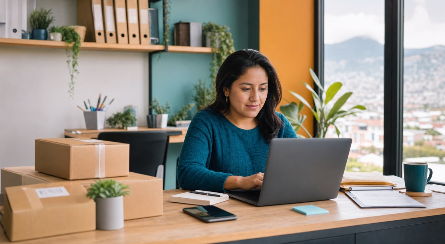 Dueña de una tienda online en Ecuador gestionando pedidos WooCommerce desde su laptop