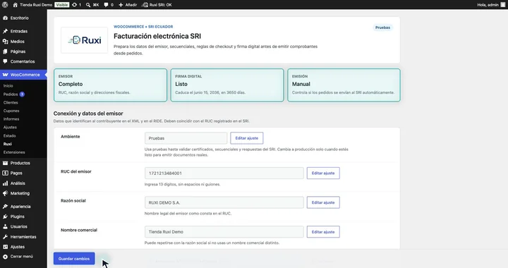 Pantalla real de WooCommerce con la configuración fiscal de Ruxi lista para emitir comprobantes SRI.