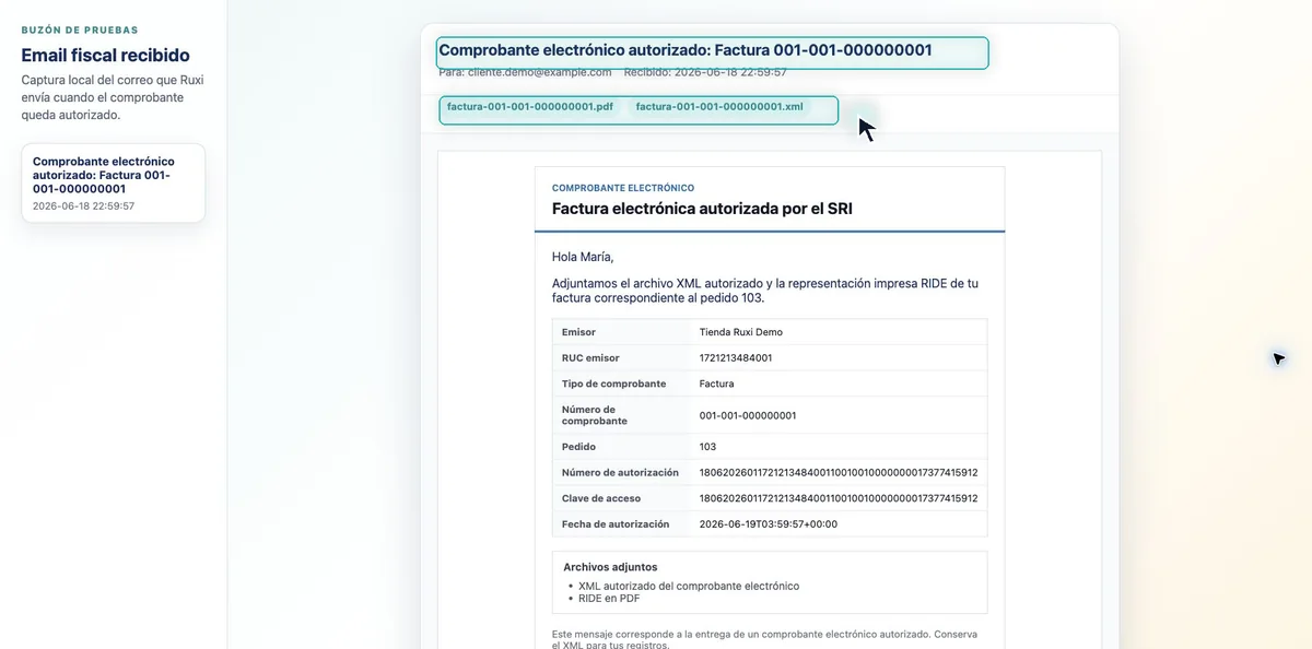 Tu cliente recibe su factura. Captura de Ruxi en pruebas