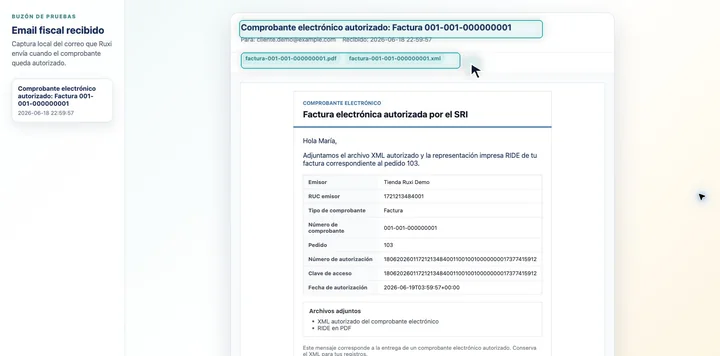 Correo fiscal real de prueba enviado por Ruxi con factura electrónica autorizada y adjuntos PDF y XML.