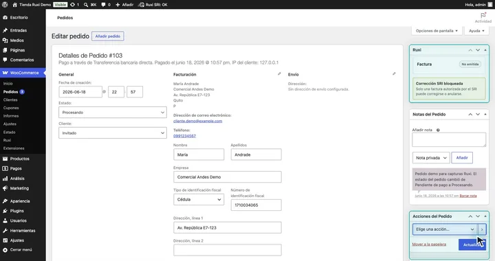 Pedido real de WooCommerce con datos fiscales del comprador y acciones de emisión Ruxi.
