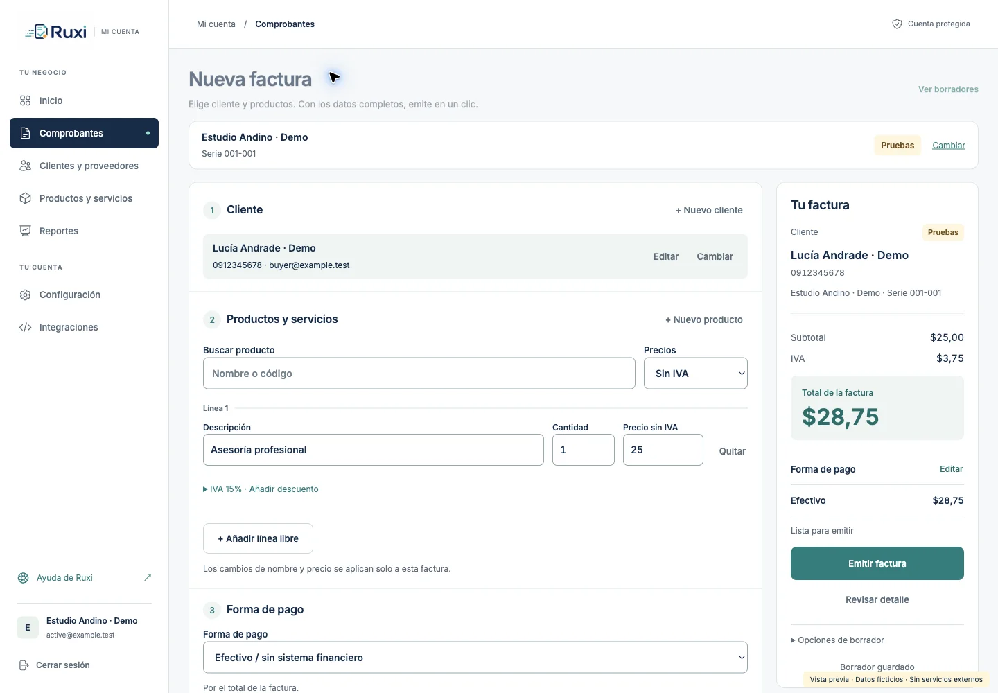 Editor real de factura web con datos ficticios
